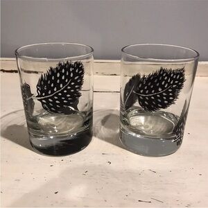 Two Modern Low Ball Whiskey Rocks Glasses Black And White Feathers Hand Painted